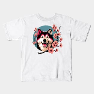 Kishu Ken Celebrates Spring Amid Cherry Blossoms Kids T-Shirt